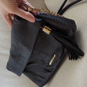 Perlina Genuine Black Leather Convertible Clutch/ Cross Body